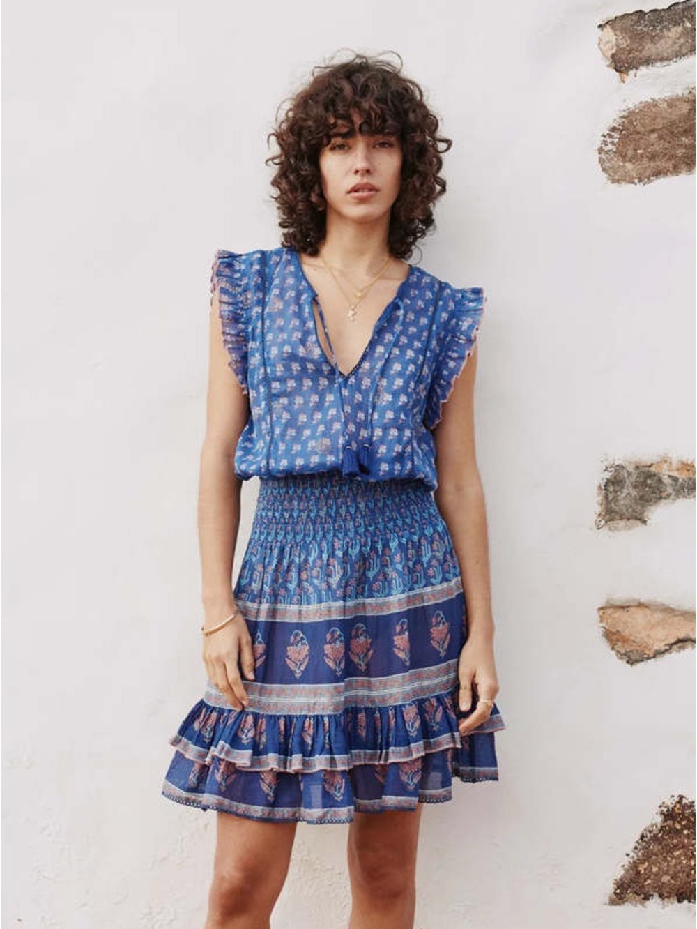 M.A.B.E Delfi Sunflower Blue Floral Tiered Smocked Waist Dress Size M